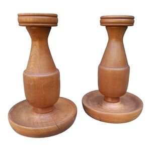 Vintage handmade 7 3/4" wood medium brown stain candle stick holders pair